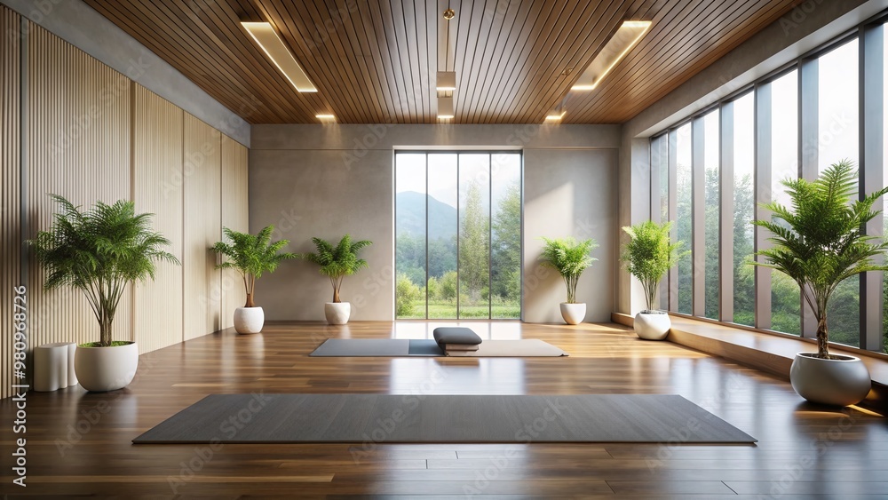 Serenity exudes from a lone yoga mat in a minimalist studio, where a peaceful atmosphere is palpable, inviting contemplation and inner balance. Serenity exudes from a lone yoga mat in a minimalist studio, where a peaceful atmosphere is palpable, inviting contemplation and inner balance.