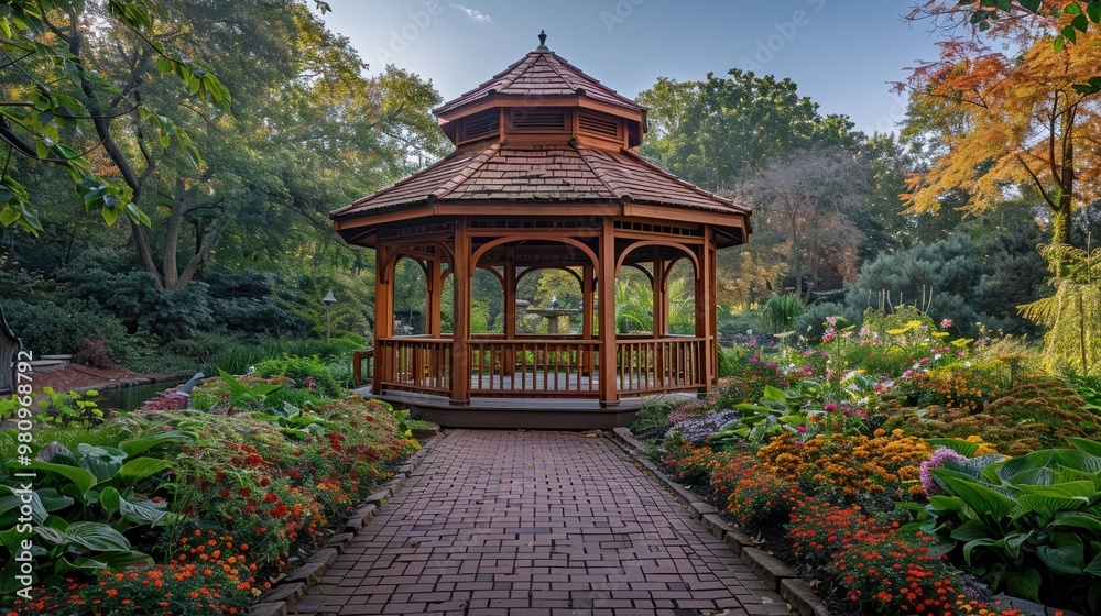A beautifully constructed wooden gazebo amidst a vibrant and meticulously maintained garden with blooming flowers and lush greenery, offering a serene and picturesque setting A beautifully constructed wooden gazebo amidst a vibrant and meticulously maintained garden with blooming flowers and lush greenery, offering a serene and picturesque setting