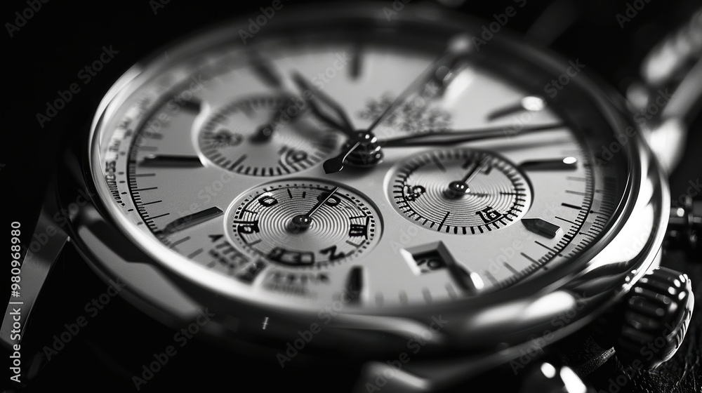 Luxurious close-up of an elegant and sophisticated black and white wristwatch showcasing its intricate dial and polished metal components Luxurious close-up of an elegant and sophisticated black and white wristwatch showcasing its intricate dial and polished metal components