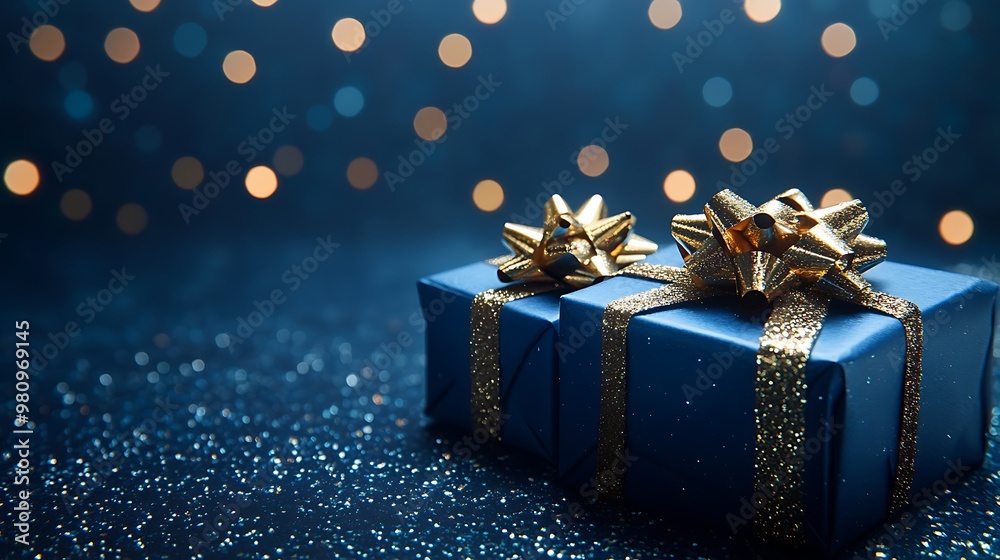 Two beautifully wrapped blue gift boxes with golden bows, set against a sparkling background. Two beautifully wrapped blue gift boxes with golden bows, set against a sparkling background.