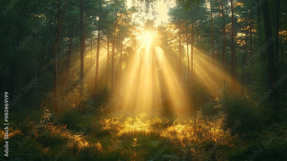 Sunlight Rays Through Dense Forest Trees Sunlight Rays Through Dense Forest Trees