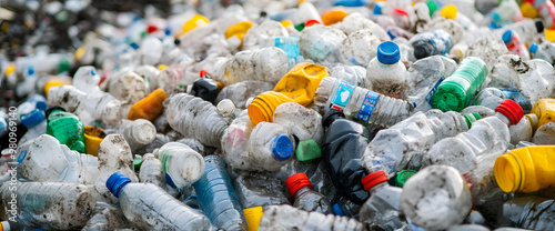 Close-up of plastic bottles, cups, and other recyclables cluttering a landfill, highlighting the recycling concept and the need for sustainable waste management solutions 