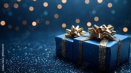 Two beautifully wrapped blue gift boxes with golden bows, set against a sparkling background.