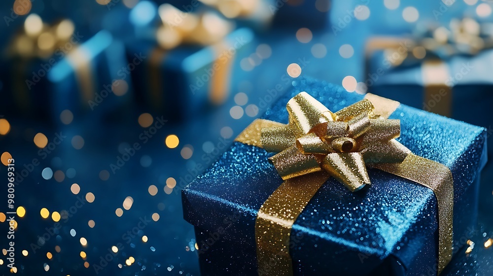 A beautifully wrapped gift box with a shiny bow, surrounded by soft bokeh lights. A beautifully wrapped gift box with a shiny bow, surrounded by soft bokeh lights.