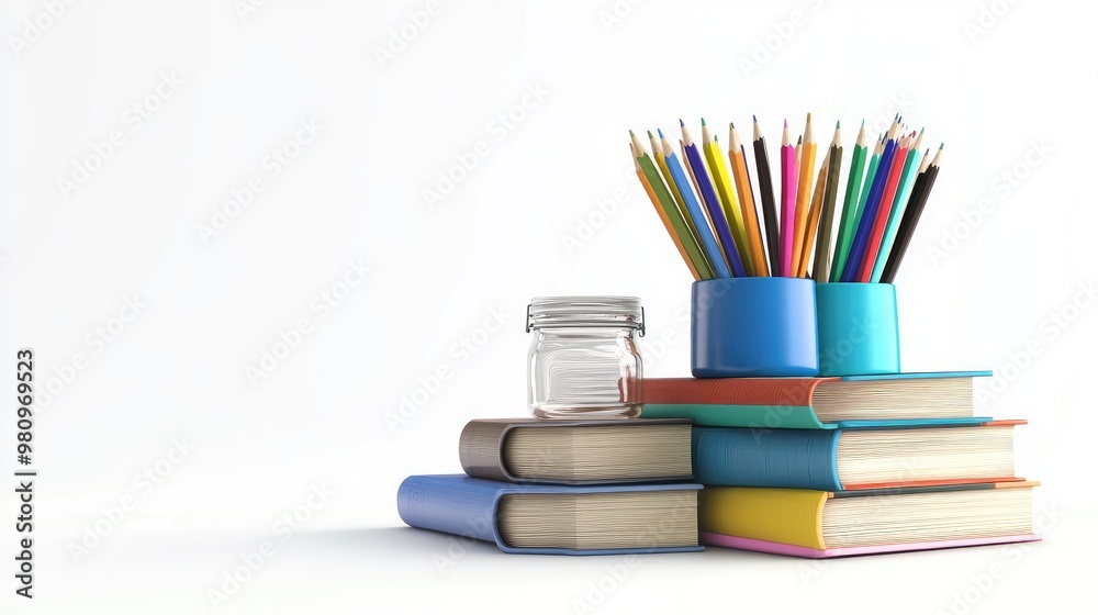 Stacked books, pencil jars, colored pencils in 3D isolated on white background Stacked books, pencil jars, colored pencils in 3D isolated on white background