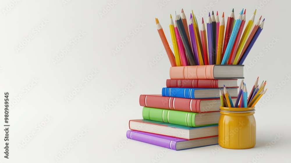 Stacked books, pencil jars, colored pencils in 3D isolated on white background Stacked books, pencil jars, colored pencils in 3D isolated on white background