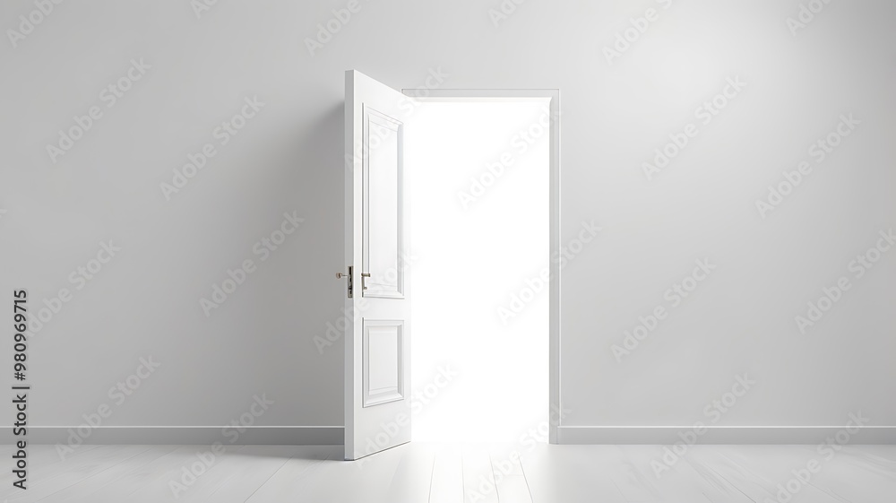 White wall with copy space and an partially open white door White wall with copy space and an partially open white door