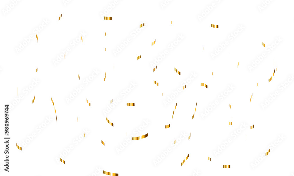 Abstract golden confetti falling down bokeh glitter and zigzag ribbon on transparent background. Design for holyday and celebration background. Vector illustration.