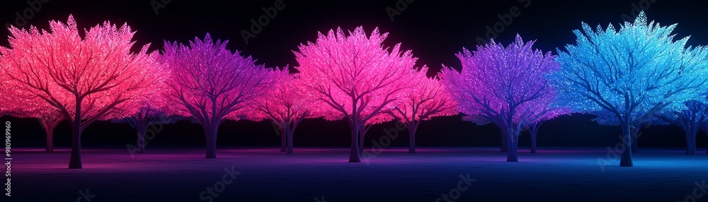 Obraz premium Radiant trees growing in a visionary landscape, their glowing leaves and branches illuminated by surreal lights Growth, visionary, radiant
