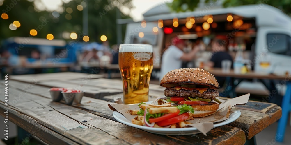 A burger and a glass of beer are on a table in front of a group of people A burger and a glass of beer are on a table in front of a group of people
