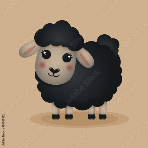 Cute black sheep on a beige background. Vector illustration.	