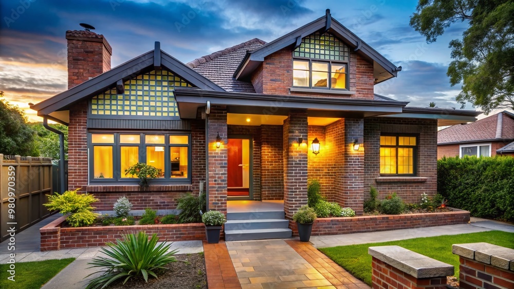 Retro-style brick house with original facade juxtaposed against modern renovation additions, showcasing contrasting Retro-style brick house with original facade juxtaposed against modern renovation additions, showcasing contrasting
