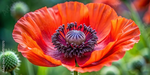 The Asian poppy unfurls its diminutive but striking bloom, boasting ruby-red petals and black stamens, a dainty yet photo