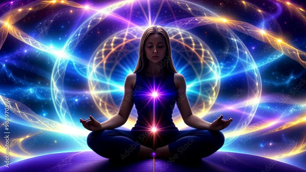 A woman is sitting in a lotus position with her hands on her knees