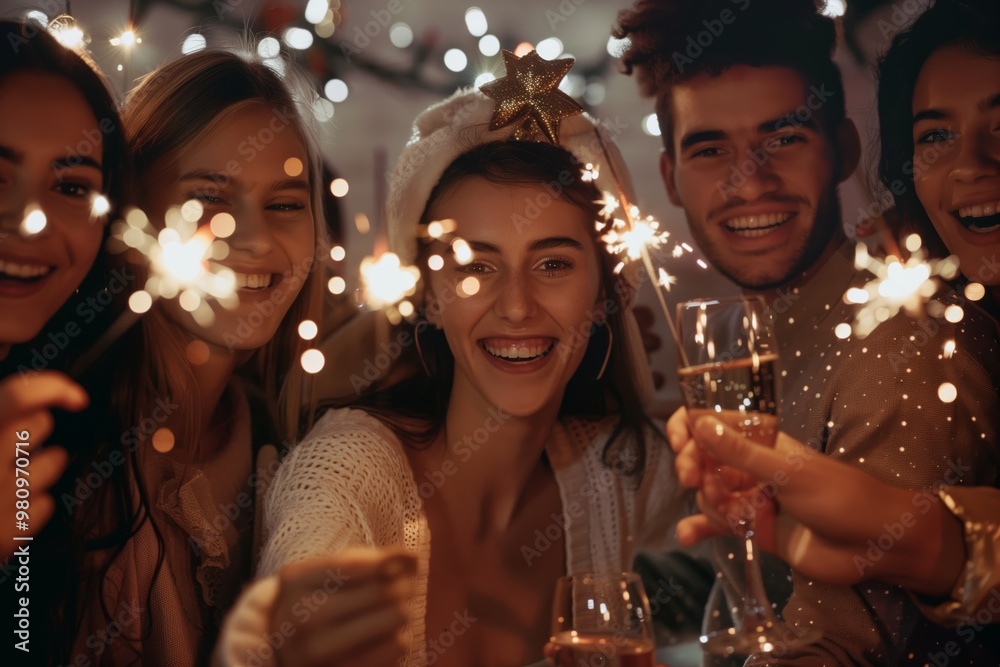 New Year celebration with friends, sharing joy and creating lovely memories together. The cheerful and festive atmosphere is full of happiness and warmth, as they light sparklers and rejoice