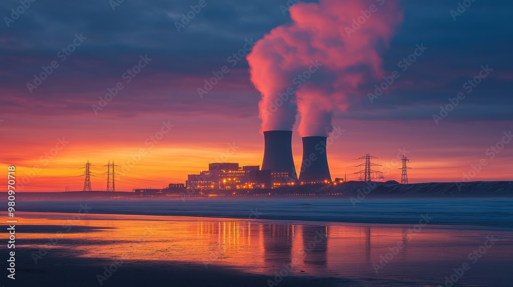 Efficient energy plant at dawn with coastal terminal, showcasing cooling towers emitting steam against vibrant sunset. scene reflects blend of industry and nature Efficient energy plant at dawn with coastal terminal, showcasing cooling towers emitting steam against vibrant sunset. scene reflects blend of industry and nature