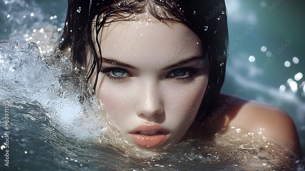 Obraz premium portrait beautiful girl swimming at scenic waterfall wallpaper