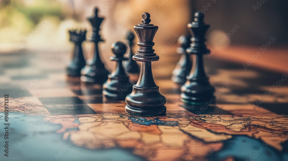 Chess pieces on a board that overlays a world map, symbolizing corporate competition and strategic planning across borders.