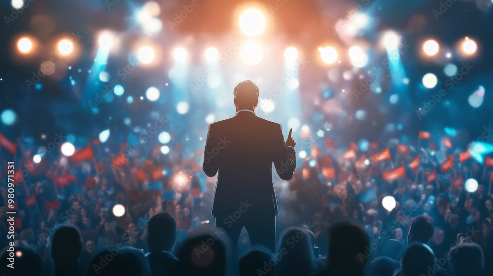 A political leader delivering speech to an enthusiastic crowd, standing under bright stage lights. atmosphere is charged with energy and excitement as supporters wave flags A political leader delivering speech to an enthusiastic crowd, standing under bright stage lights. atmosphere is charged with energy and excitement as supporters wave flags