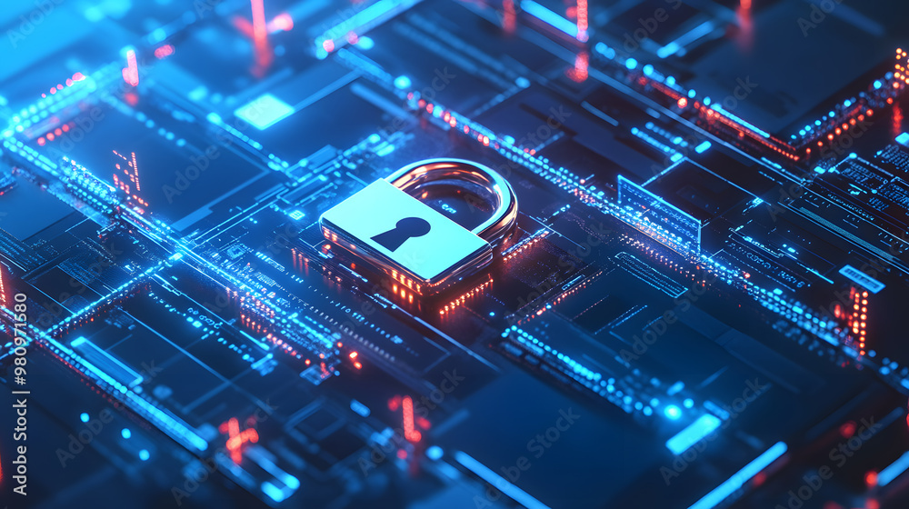 digital padlock icon, with binary code cascading around it. A digital ...
