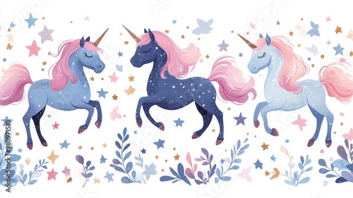 A whimsical pattern showcasing unicorns with flowing manes, surrounded by stars and glittery accents