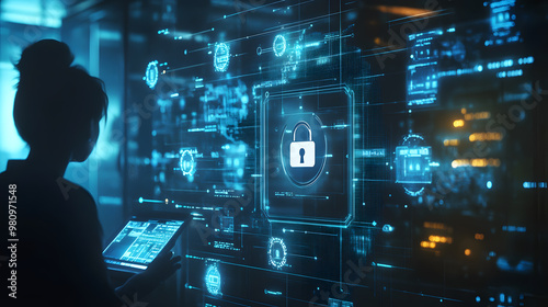 digital padlock icon, with binary code cascading around it. A digital shield and firewall symbols dominate the cybersecurity .Android robot navigating through a cyber digital world.