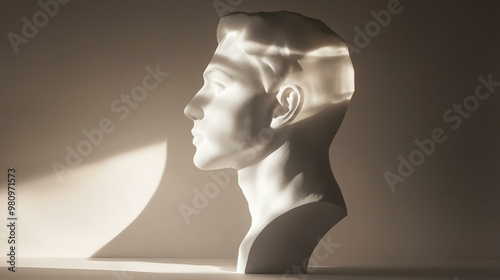 A minimalist side profile of a bust sculpture illuminated by soft light, creating a serene and artistic ambiance.