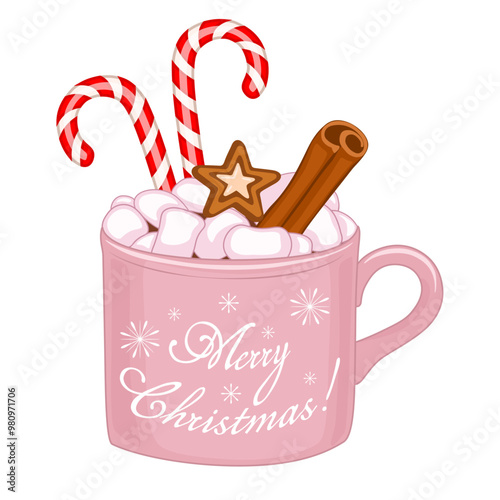 Hot chocolate with marshmallows, candy cane and cinnamon stick in pink mug. Winter sweet hot drink in decorative cup, Christmas cartoon vector illustration.