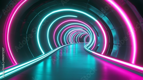 A vibrant neon tunnel illuminated with pink and blue lights, creating a futuristic and captivating atmosphere.