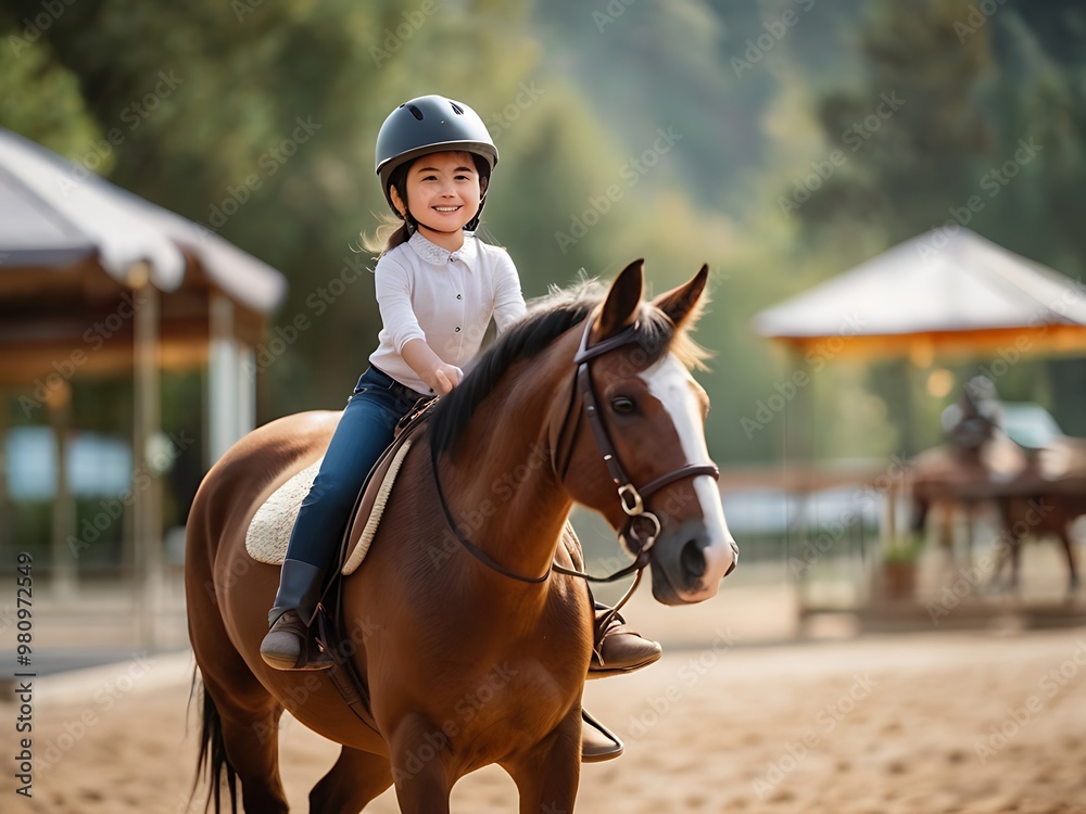 Obraz premium Happy girl child riding a horse while wearing a helmet