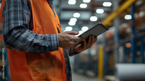 A worker in a safety vest uses a mobile device in a warehouse, illustrating technology in industrial settings. photo