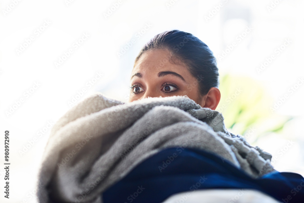 Woman, laundry and chores as housekeeper for cleaning, hygiene and service in household as employee. Female person, clothes and washing as overwhelmed, surprised and shocked with expression in home Woman, laundry and chores as housekeeper for cleaning, hygiene and service in household as employee. Female person, clothes and washing as overwhelmed, surprised and shocked with expression in home