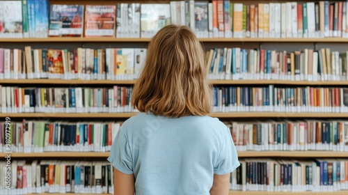 A woman explores a library filled with colorful books, reflecting a love for reading and learning in a serene environment.