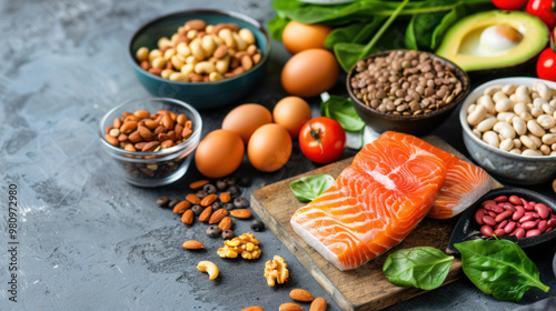 A variety of healthy foods including salmon, nuts, beans, eggs, and vegetables, representing a balanced and nutritious diet.