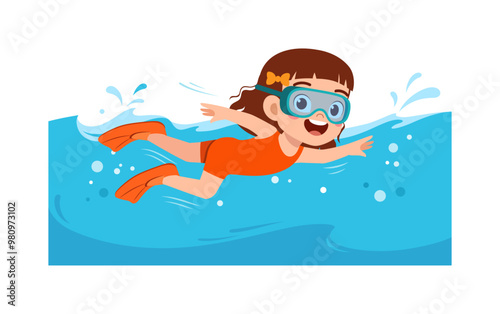 little kid wear flipper and do diving