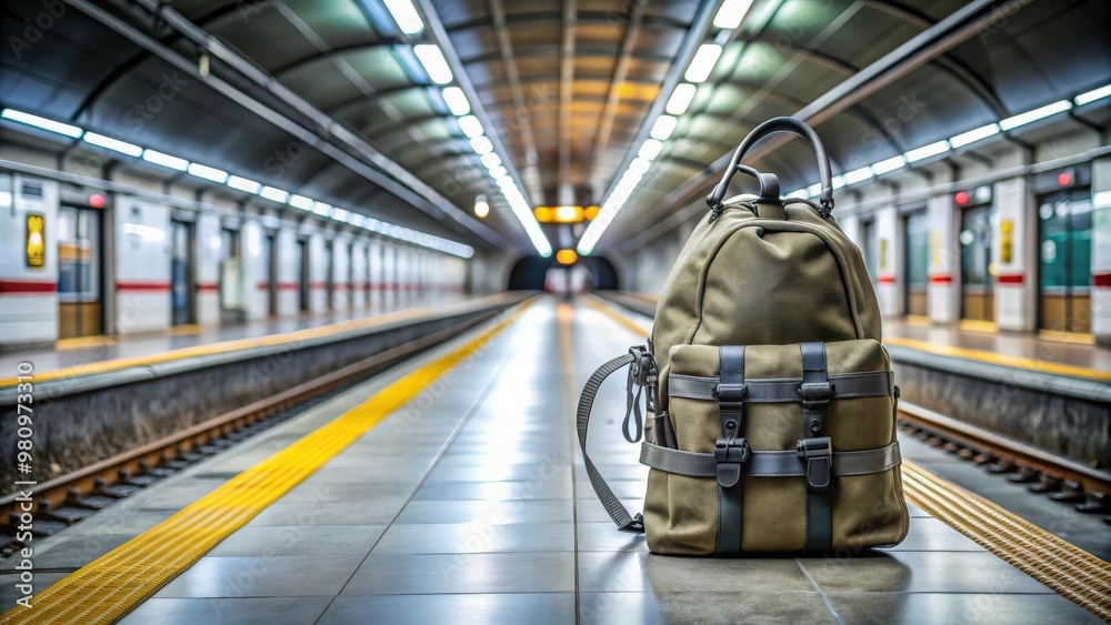 Obraz premium Time bomb inside a backpack at a subway station , terrorism, threat, danger, explosive device, security alert