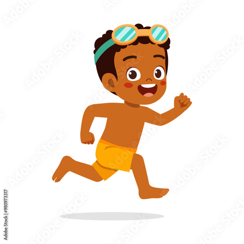 little kid wear swim goggles while jumping