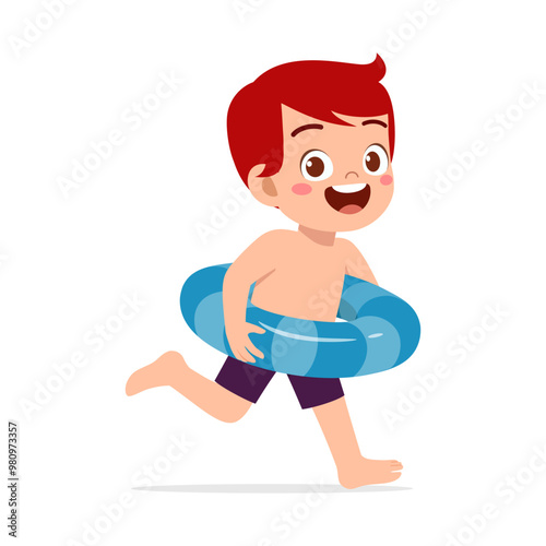 little kid running and wear swim ring
