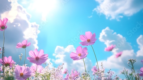 A vibrant field of pink flowers under a bright blue sky with fluffy clouds, evoking a sense of peace and beauty.