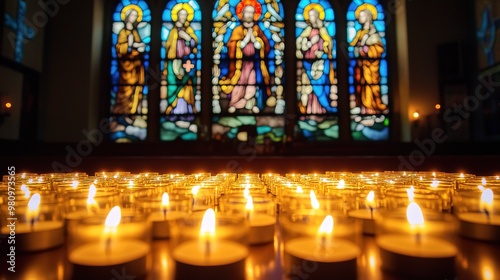 Candles lit in church with stained glass window backdrop