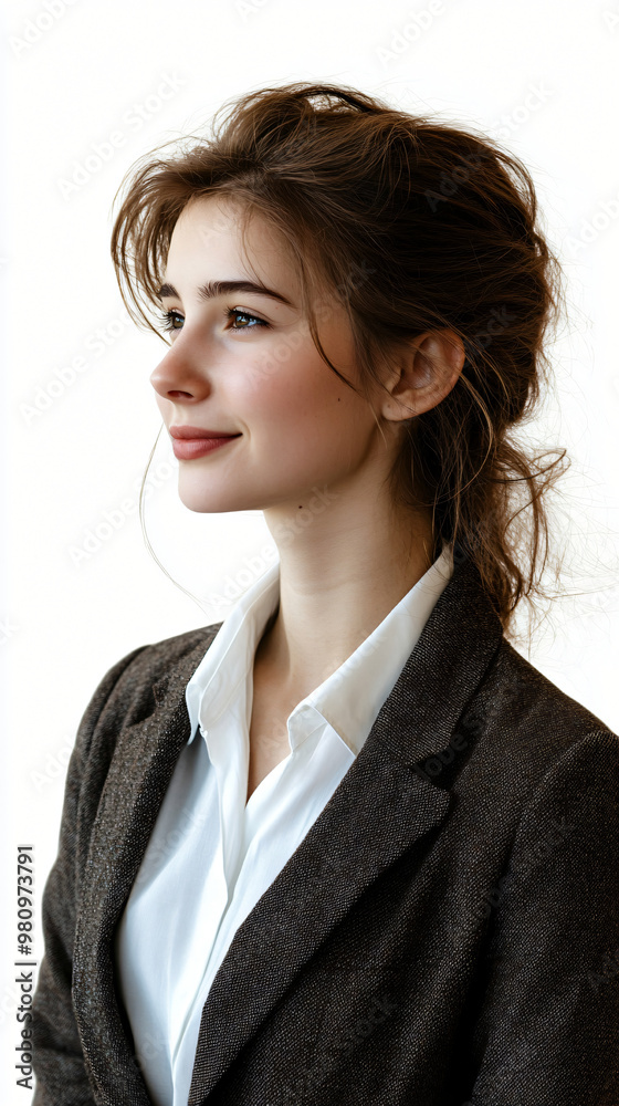 Confident businesswoman in stylish blazer smiles and gazes up with hope, embodying positivity and aspirations for a successful career Confident businesswoman in stylish blazer smiles and gazes up with hope, embodying positivity and aspirations for a successful career