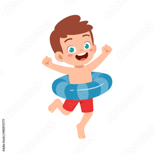 little kid jumping and wear swim ring