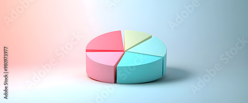 3D rendering pie chart, vivid striking colors, smooth edges, glossy texture, placed on a pastel background for clean, futuristic data visualization.