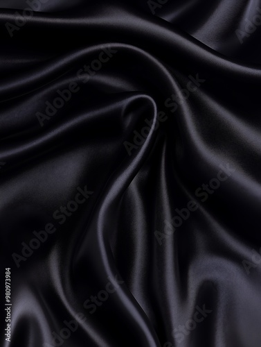 Smooth black satin fabric with elegant flowing folds in close-up