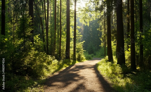 Imaginative forest with fantastic trees. Sunlight illuminates the leaves and branches. A beautiful summer forest. Illustration.