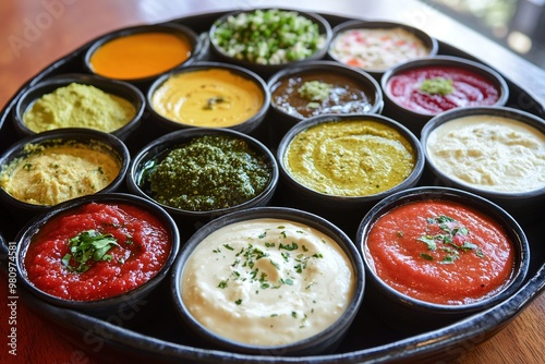 Colorful array of various Indian sauces in bowls.