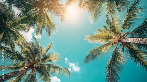 A serene view of palm trees against a bright blue sky, evoking a tropical paradise atmosphere.