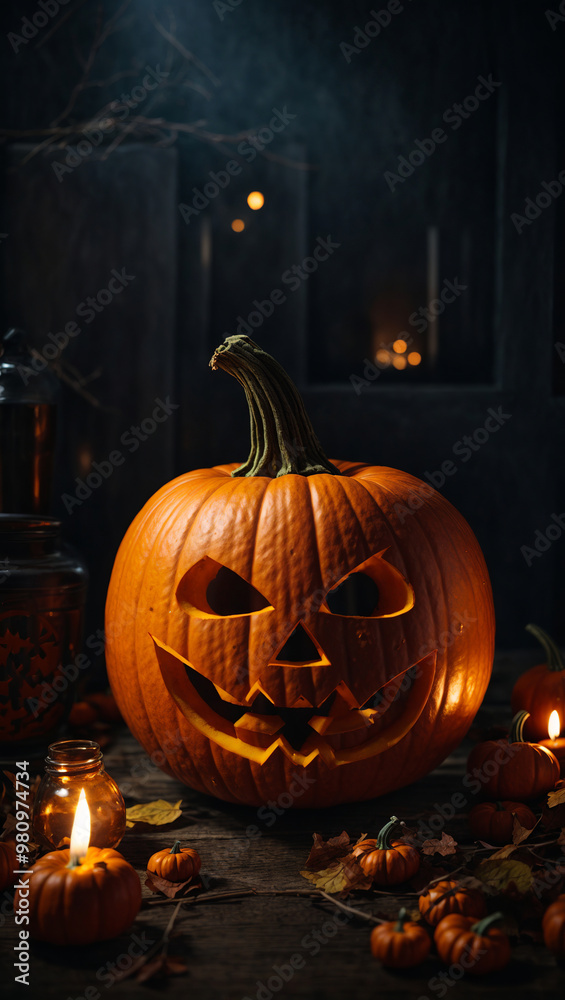 Fototapeta premium Carved Halloween Pumpkin with Flickering Candles in a Dark Setting