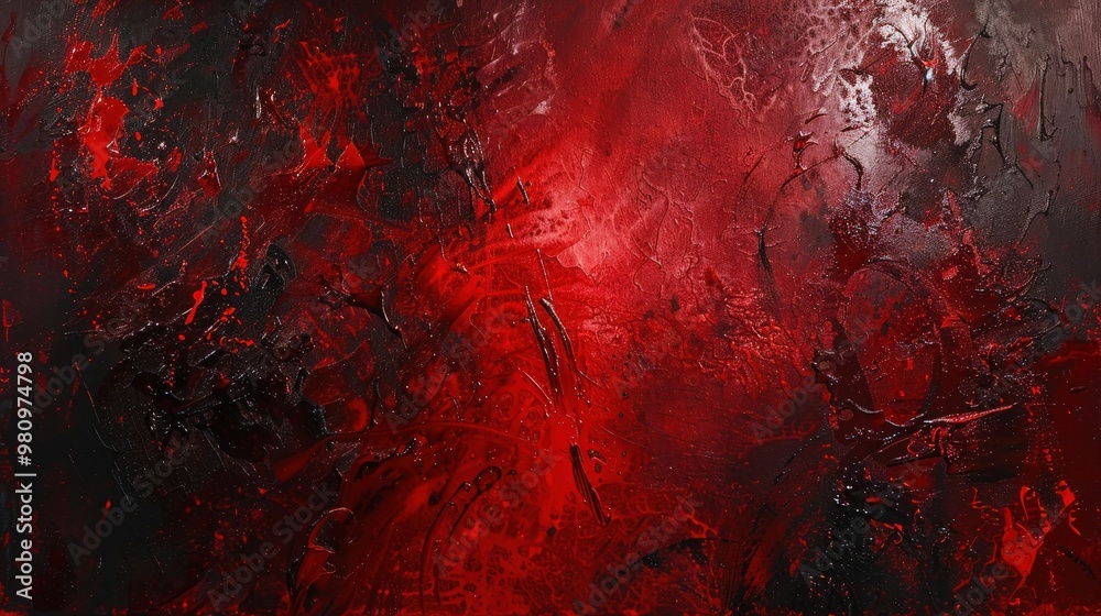 This abstract oil painting features a dramatic composition with bold strokes of deep red and black, layered with intricate textures. This abstract oil painting features a dramatic composition with bold strokes of deep red and black, layered with intricate textures.