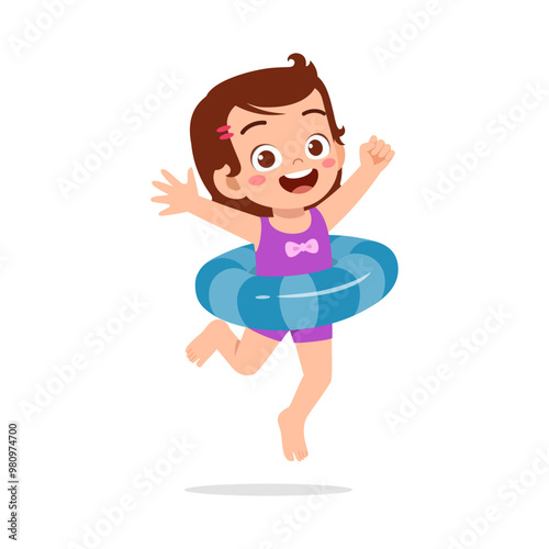 little kid jumping and wear swim ring